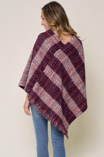 Silk & Lace Plaid Sweater Poncho Acrylic Fringed Tweed Wrap - Image 7