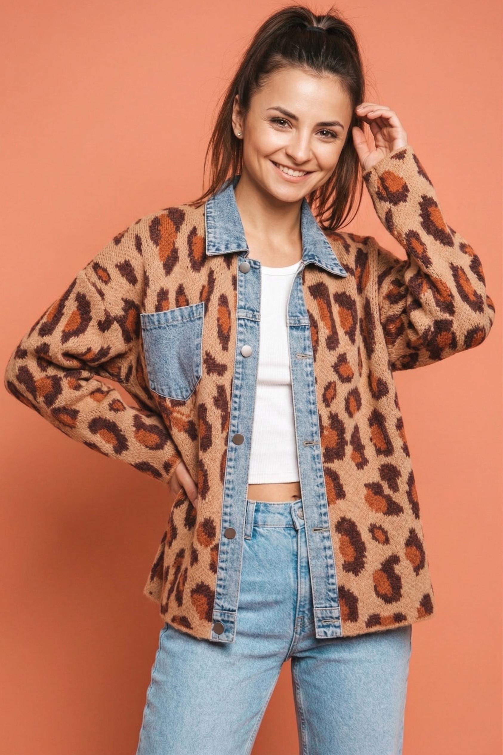 Back angle of the oversized animal print knit jacket showing the relaxed drop shoulder silhouette.