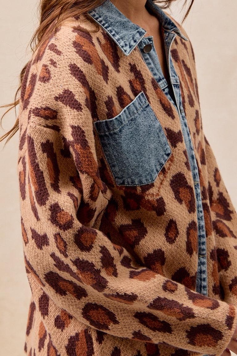 Layered boho-chic look featuring the silk and lace leopard knit jacket over a simple base layer.