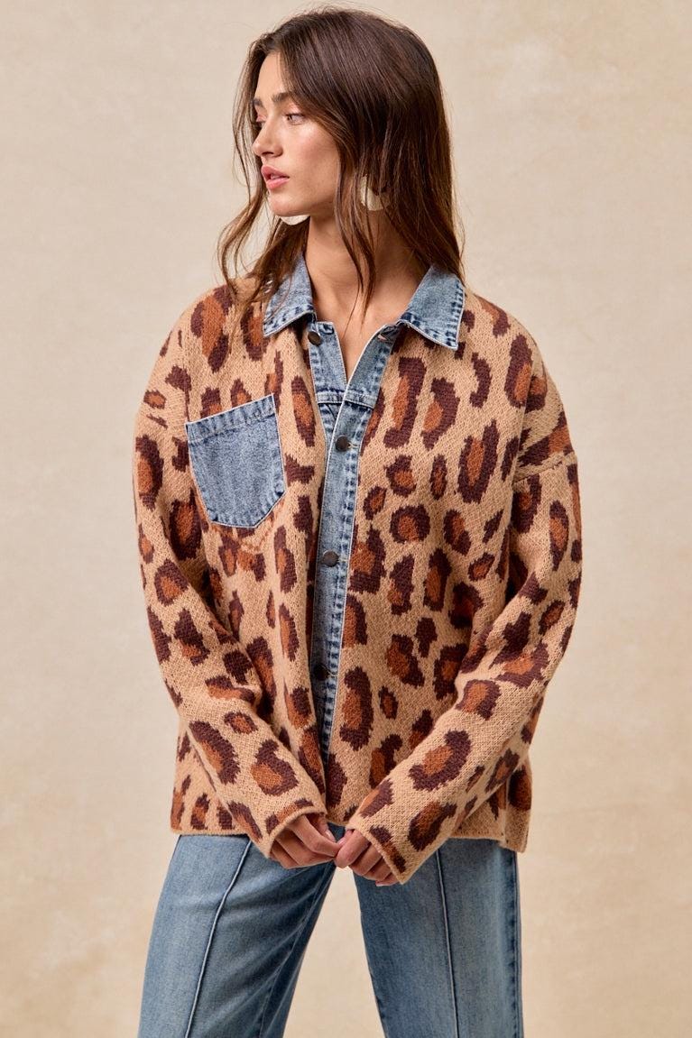 Bottom hem detail of the leopard print shacket showing the high-quality knit and durable stitching.