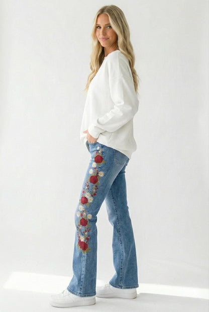 Silk & Lace Tall Embroidered Jeans Cotton Bootcut Rose Detail - Image 1