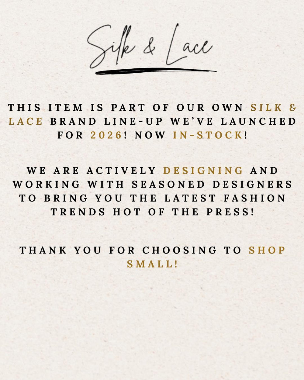 Silk & Lace brand announcement for tall embroidered jeans on a cream textured background for the 2026 collection.