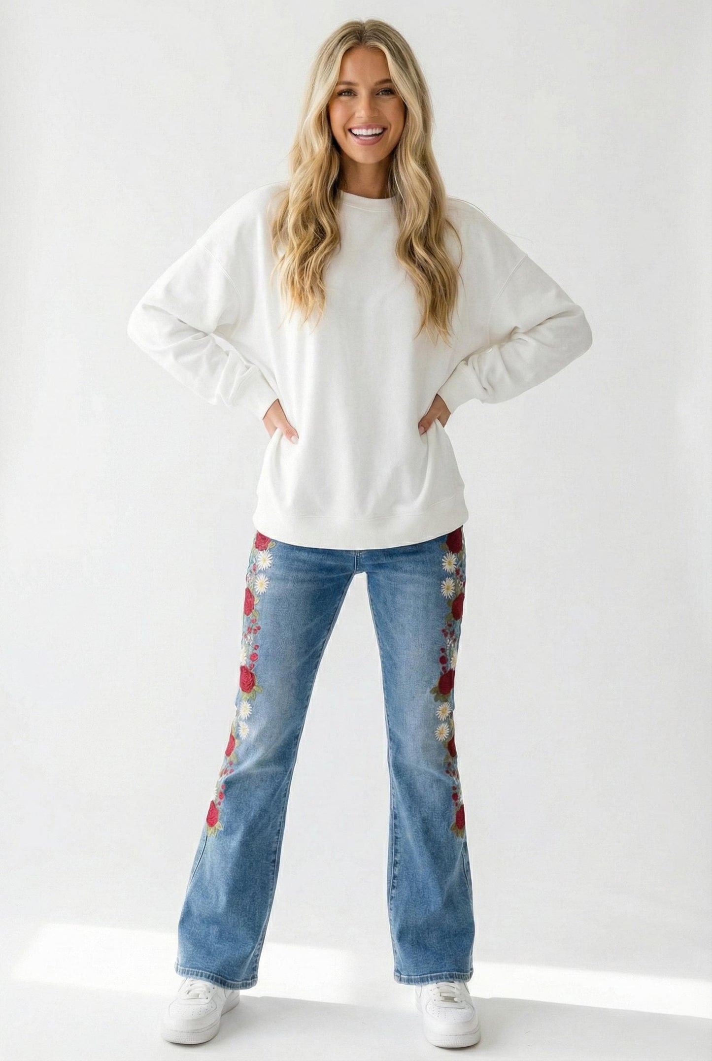 Silk & Lace Tall Embroidered Jeans Cotton Bootcut Rose Detail - Image 3
