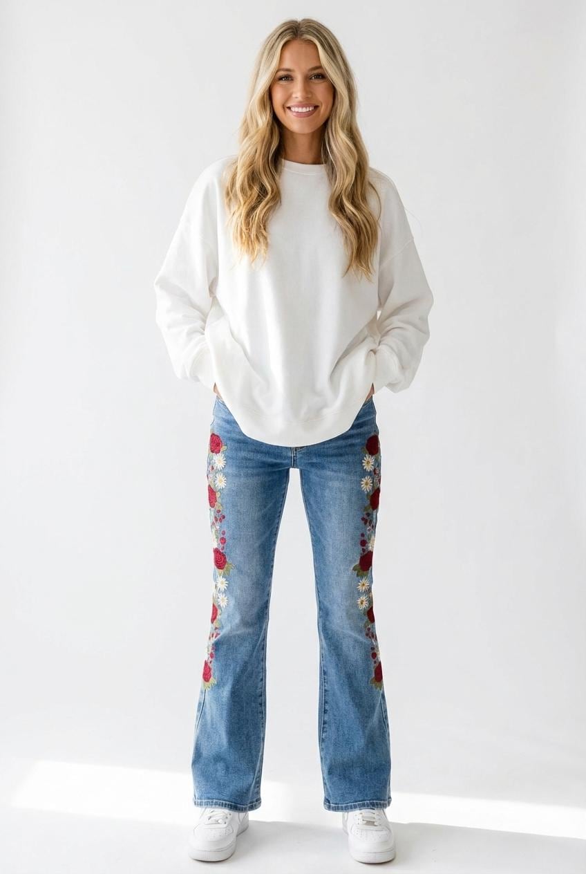 Silk & Lace Tall Embroidered Jeans Cotton Bootcut Rose Detail - Image 4