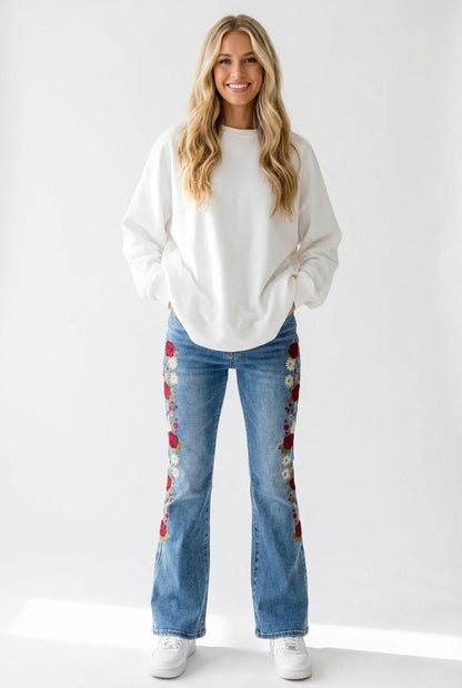 Silk & Lace Tall Embroidered Jeans Cotton Bootcut Rose Detail - Image 4