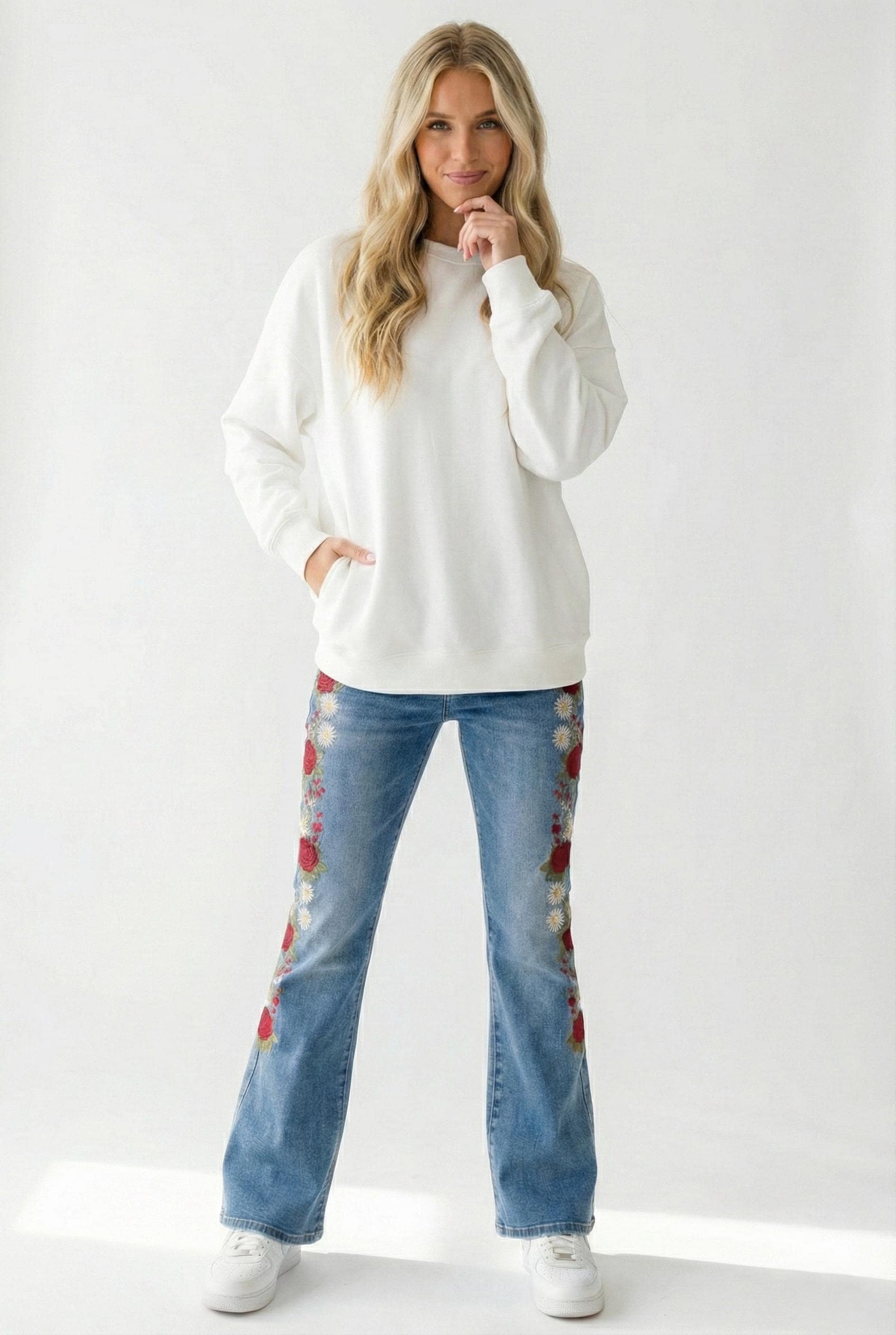 Silk & Lace Tall Embroidered Jeans Cotton Bootcut Rose Detail - Image 5