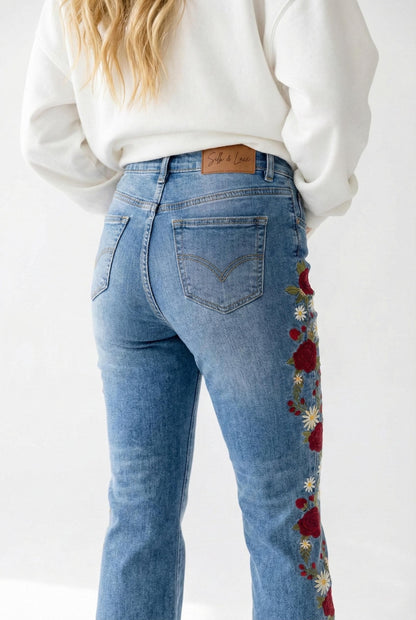 Silk & Lace Tall Embroidered Jeans Cotton Bootcut Rose Detail - Image 2