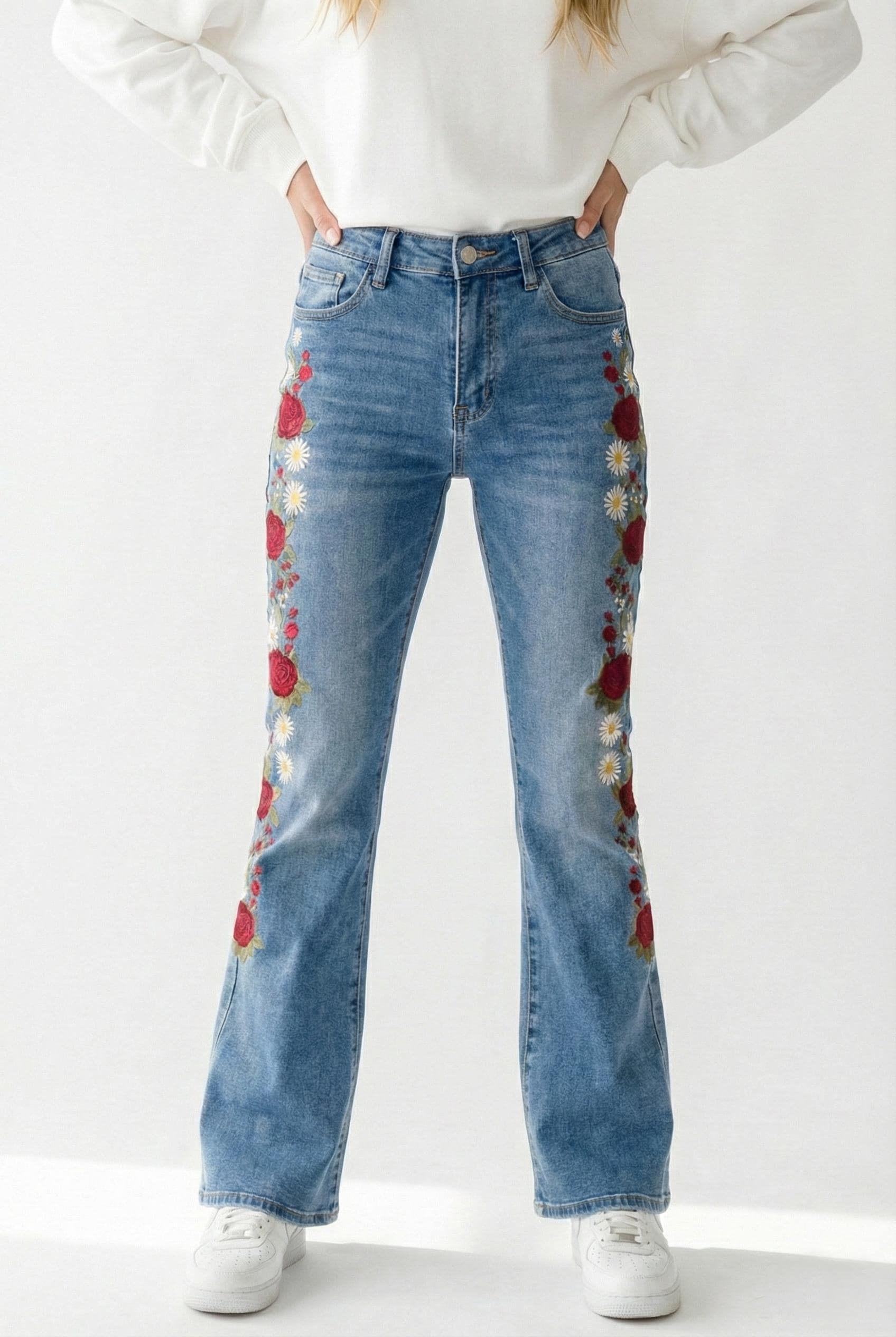 Silk & Lace Tall Embroidered Jeans Cotton Bootcut Rose Detail - Image 9