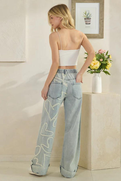 Silk & Lace Wide Leg Jeans 100% Cotton Heart Applique Denim - Image 4