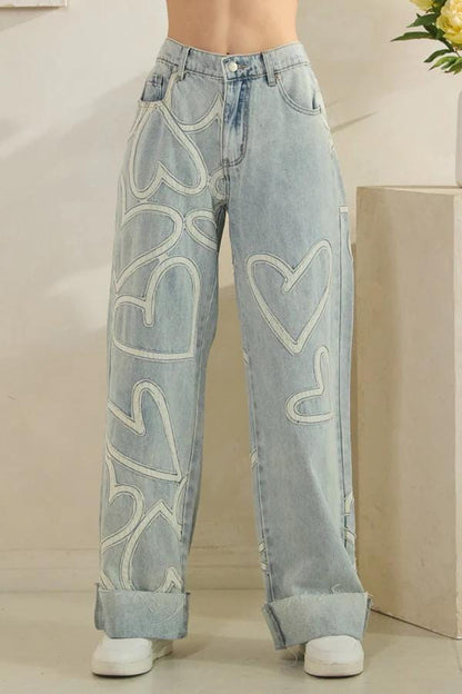 Silk & Lace Wide Leg Jeans 100% Cotton Heart Applique Denim - Image 5