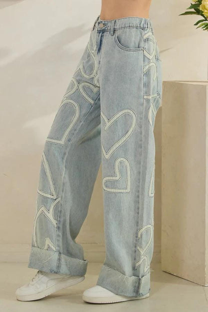 Silk & Lace Wide Leg Jeans 100% Cotton Heart Applique Denim - Image 6