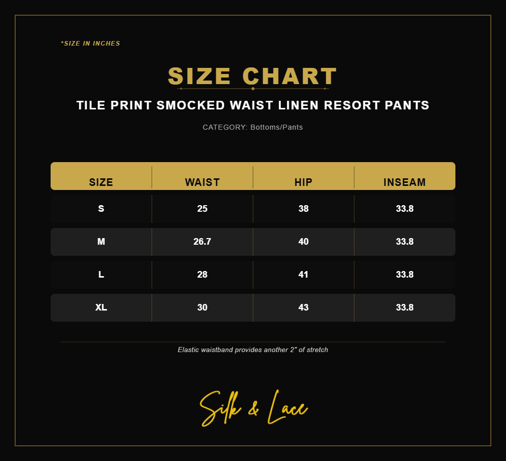 Tile Print Smocked Waist Linen Resort Pants Size Chart