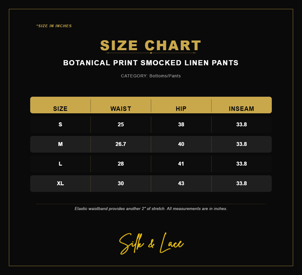 Botanical Print Smocked Linen Pants Size Chart
