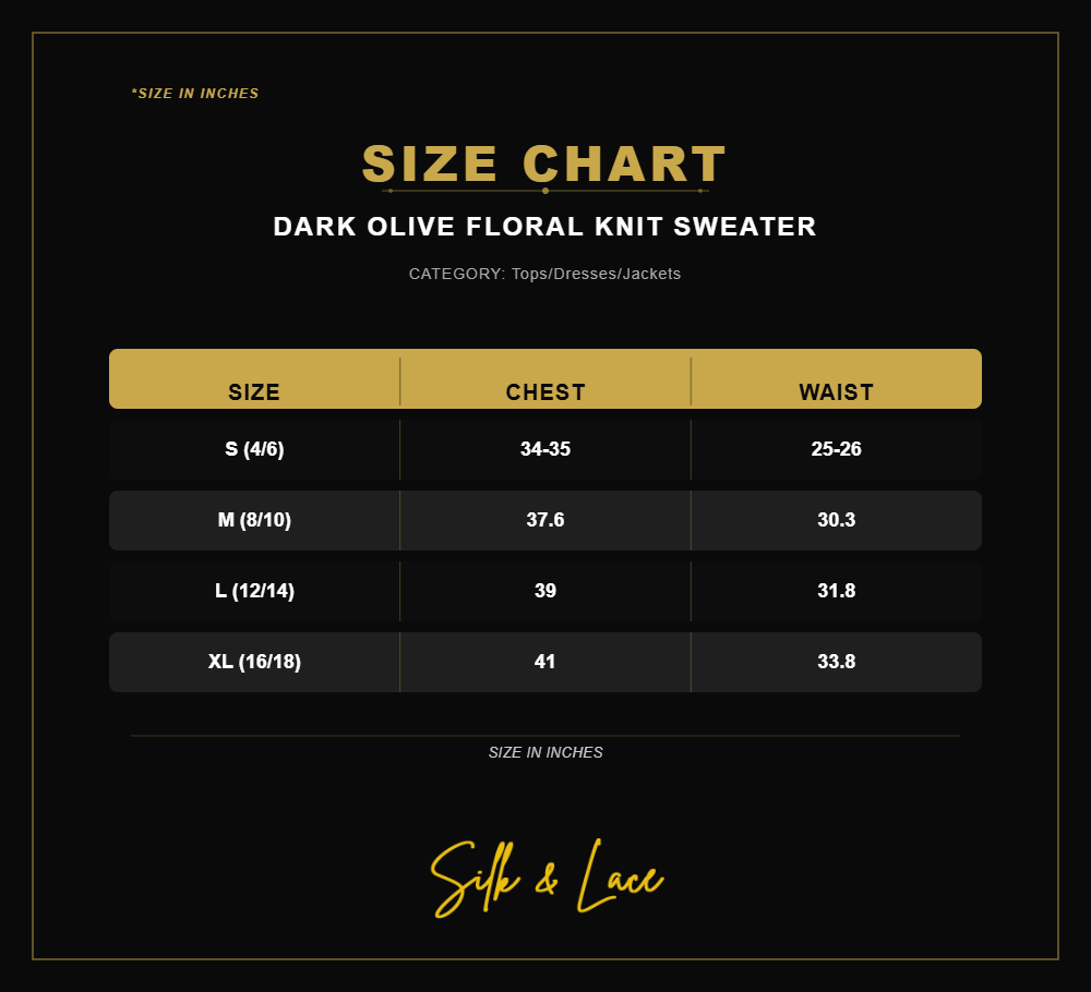 Dark Olive Floral Knit Sweater Size Chart