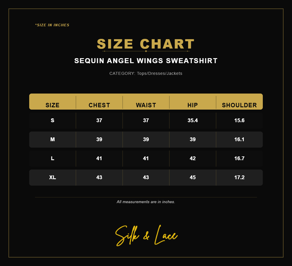 Sequin Angel Wings Sweatshirt Size Chart