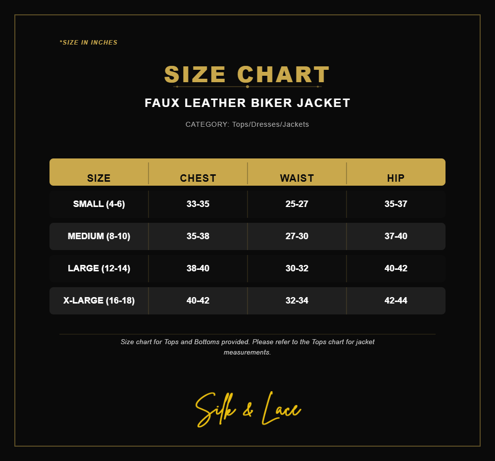 Faux Leather Biker Jacket Size Chart
