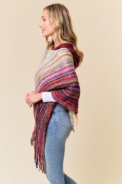Model wearing the Whimsigoth striped wrap for an eclectic layered festival fashion look