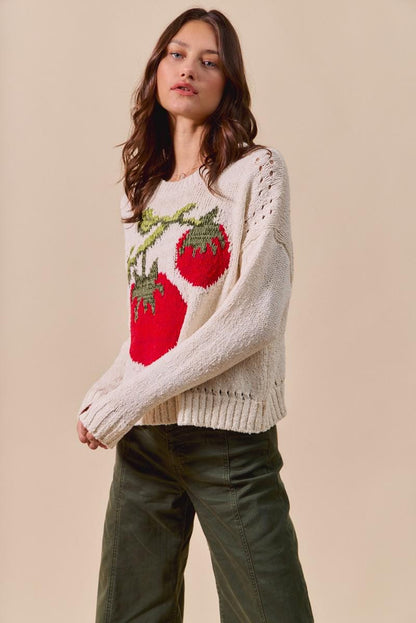 Detailed texture of the cream pointelle knit and classic ribbed trim on the collar and sleeves