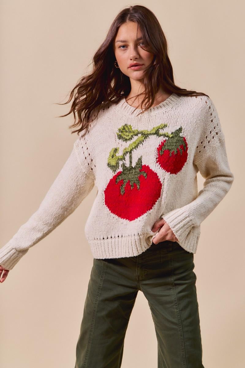 Whimsical grandmacore style outfit featuring the tomato graphic sweater paired with a long skirt
