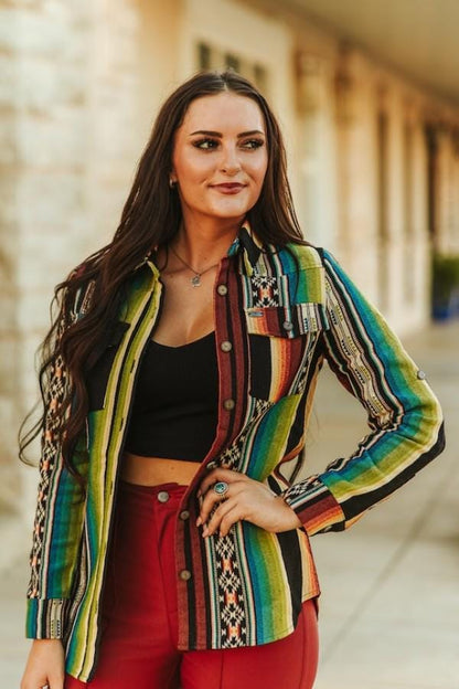 Front view of the tribal jacquard button down shirt in vibrant southwestern earth tones and serape stripes
