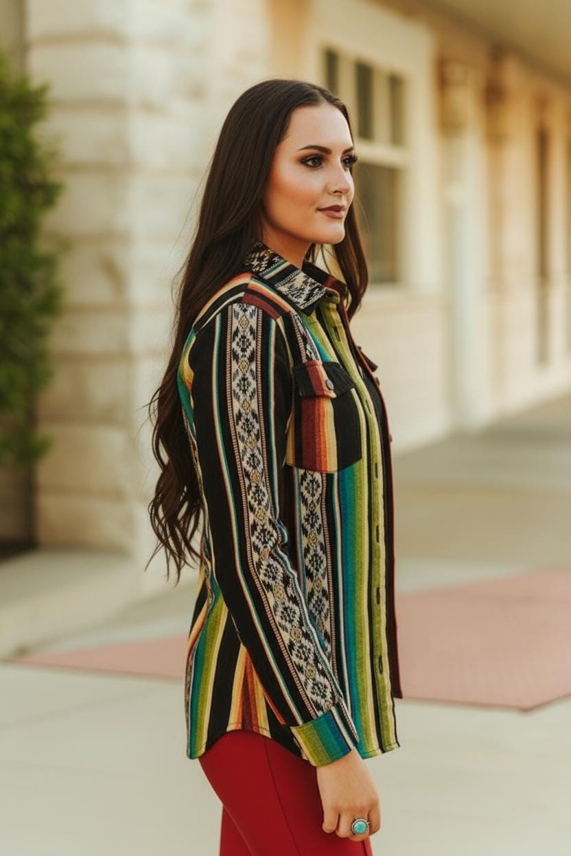 Coastal cowgirl aesthetic styled with the multi-color southwestern shirt and rolled sleeves for festival season
