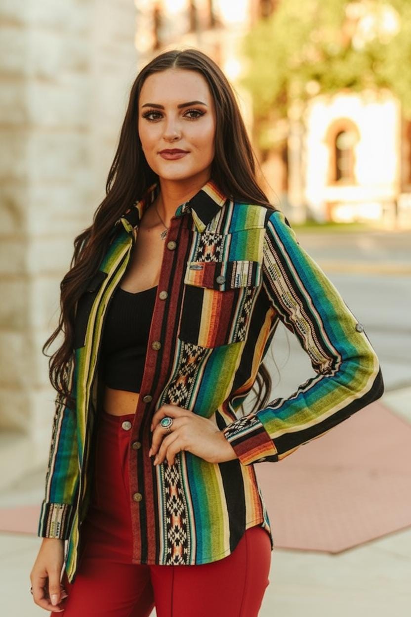 Desert style southwestern button down shirt with serape aesthetic, ideal for modern western rodeo outfits