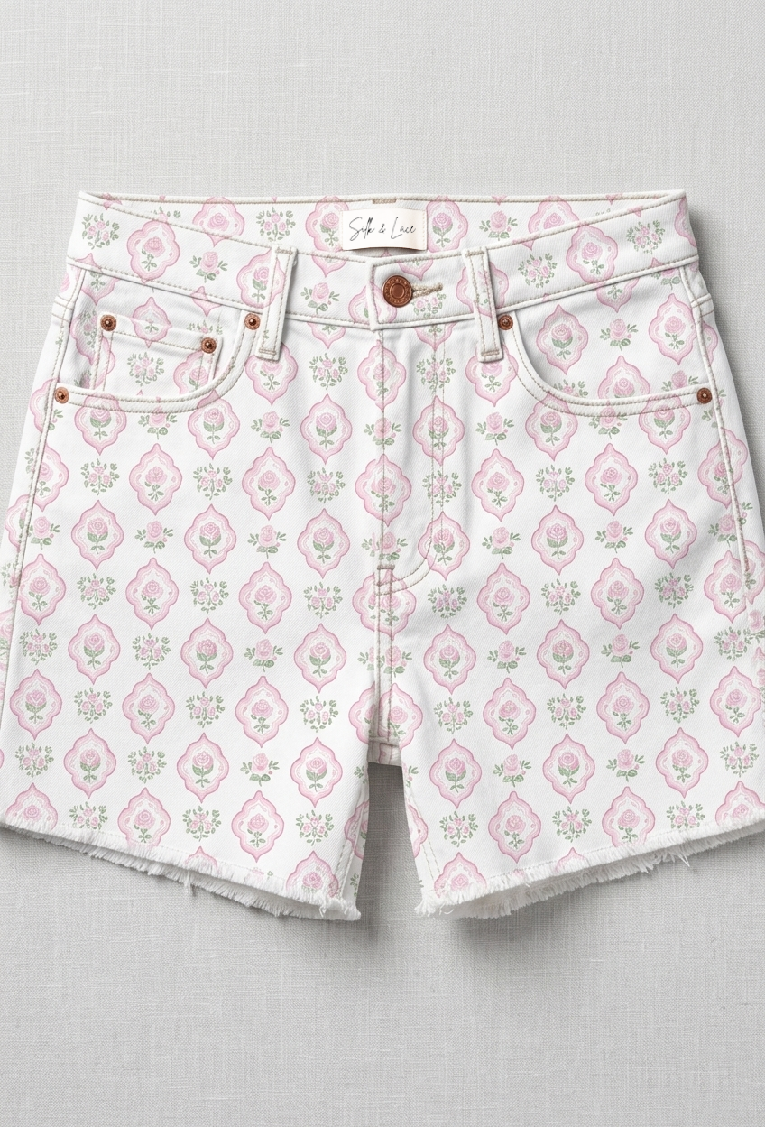 Model wearing vintage floral denim shorts for a summer garden party aesthetic with a casual raw-edge finish
