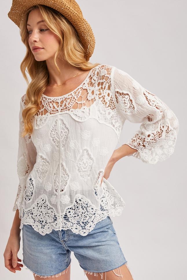 White Cotton Gauze Boho Blouse with Embroidered Scalloped Lace - Image 4