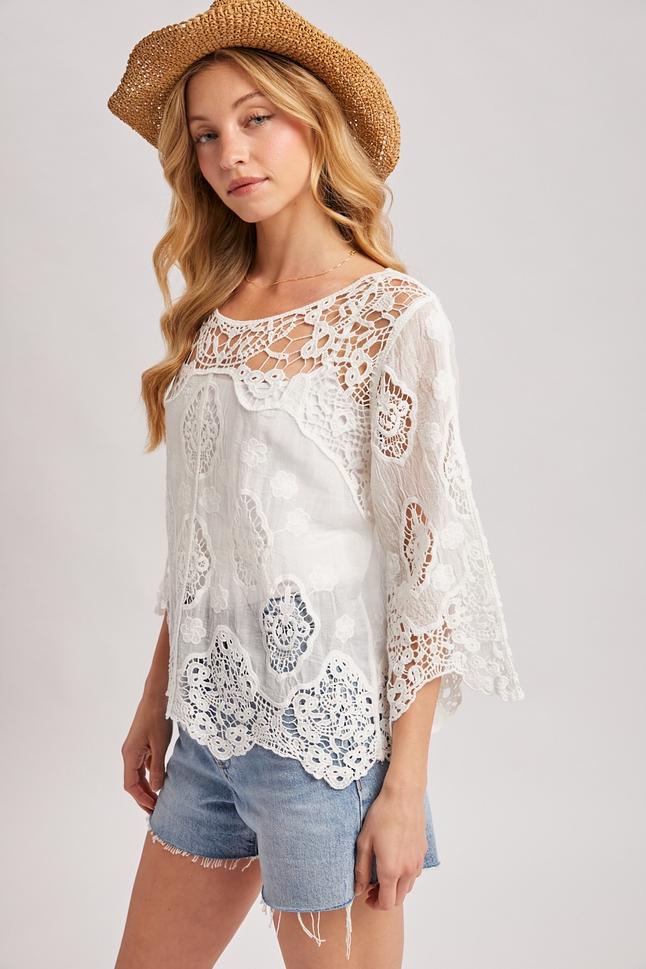 White Cotton Gauze Boho Blouse with Embroidered Scalloped Lace - Image 7