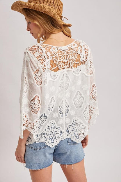 White Cotton Gauze Boho Blouse with Embroidered Scalloped Lace - Image 8