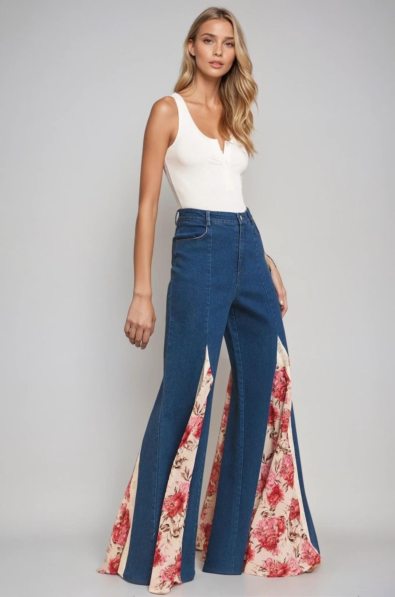 Close-up of cotton denim front slits featuring rose-patterned fabric and delicate ivory lace inserts