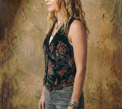 Back view of the floral tapestry waistcoat showing the tailored silhouette and dark academia aesthetic