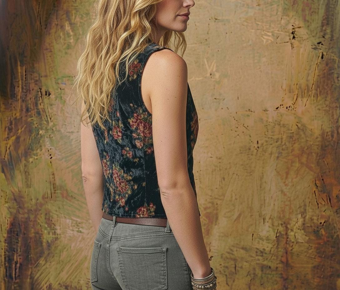 Close-up detail of the muted floral tapestry pattern on black crushed velvet fabric