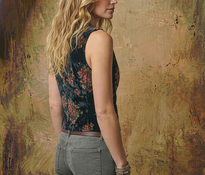 Close-up detail of the muted floral tapestry pattern on black crushed velvet fabric