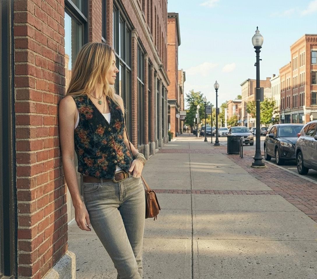 Side angle of the women's waistcoat featuring a vintage-inspired floral print and button-down front