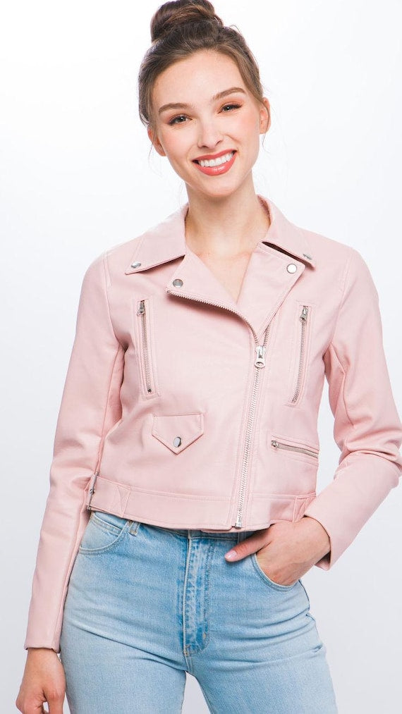 Women's blush pink faux leather biker jacket, Barbiecore style, front asymmetrical zip
