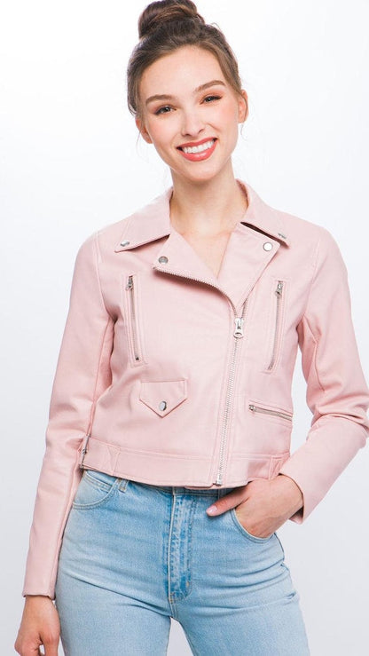 Women's blush pink faux leather biker jacket, Barbiecore style, front asymmetrical zip