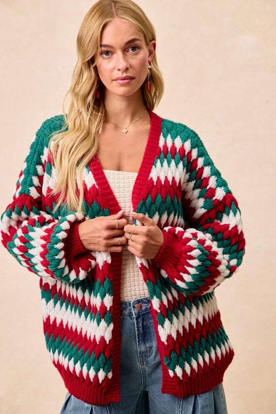 Back view of the cottagecore holiday sweater showing the continuous diamond pattern and relaxed silhouette
