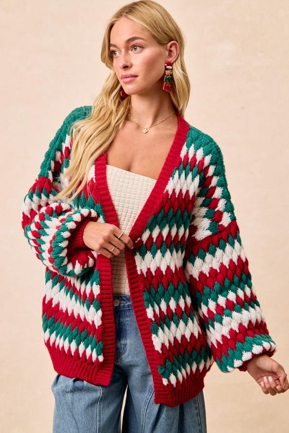Close-up of the neckline and button-up front of a diamond pattern winter cardigan