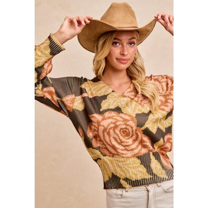Women's Dark Floral Knit Sweater Balloon Sleeves Cotton Blend Whimsigoth - Product Image