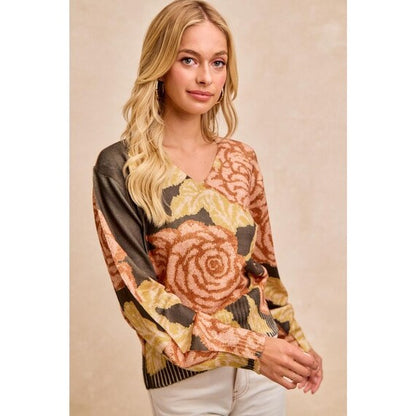 Whimsigoth dark floral V-neck knit sweater with rustic peach, olive, & golden yellow balloon sleeves.