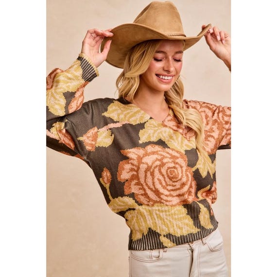 Women's dark floral knit sweater with rustic peach & golden yellow roses, V-neck, balloon sleeves, and relaxed Whimsigoth style.