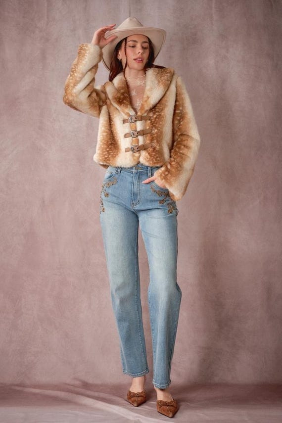 Women's deer print faux fur jacket, western style with buckle closures