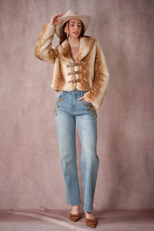 Women's deer print faux fur jacket, western style with buckle closures