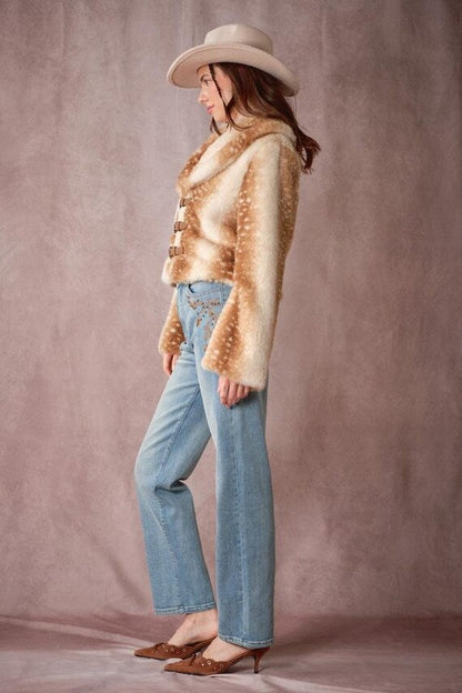 Oversized faux fur jacket with deer print and shawl collar, front styled view