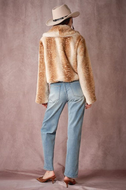 Women's western style faux fur jacket in deer print, showcasing cozy warmth