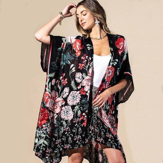 Front view of women's black floral print kimono cardigan, 100% viscose, open front, flowing drape.