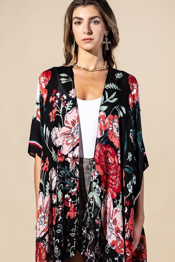 Back view of longline boho floral kimono cardigan, black viscose with dark botanical print, relaxed fit.