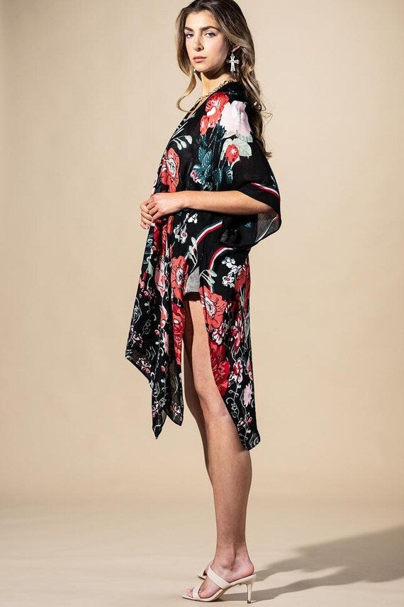 Side view of elegant black floral print duster cardigan, lightweight viscose with wide sleeves, perfect for layering.