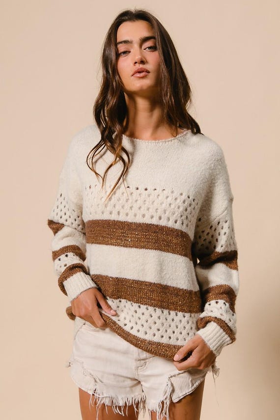 Women's Knit Sweater Striped Perforated Polyester Cotton Boho Casual - Product Image